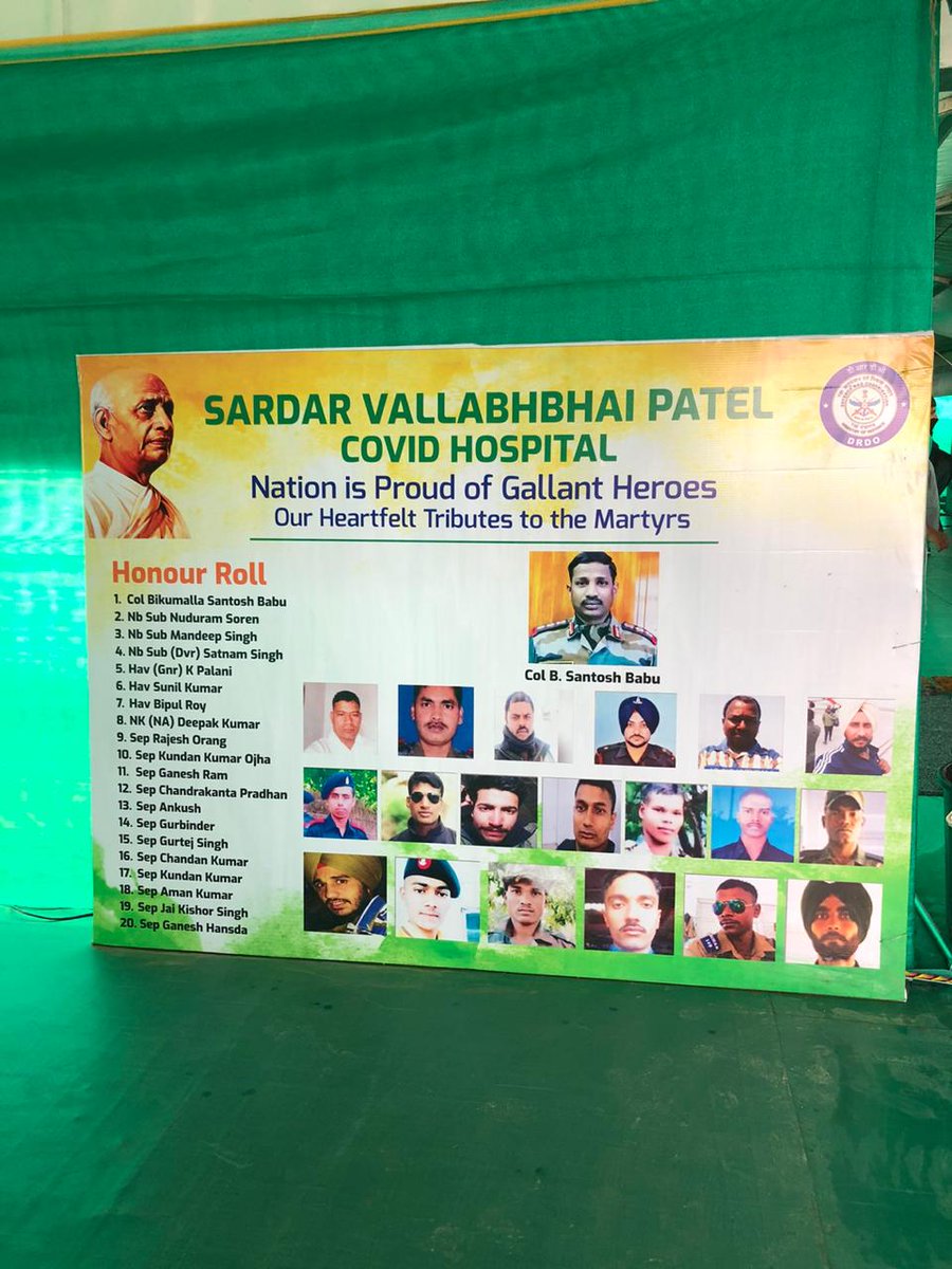 vrindapisharody's tweet photo. Pics of the 1000 bedded #CoVID Hospital made ready in 12 days from scratch! Built by @DRDO_India, it will be run by the Armed Forces in Delhi

Centrally air conditioned,each ward almost the size of a football field. 

Thotful gesture to name the wards after a #GalwanMartyr 🙏 https://t.co/YUtWysbxdq