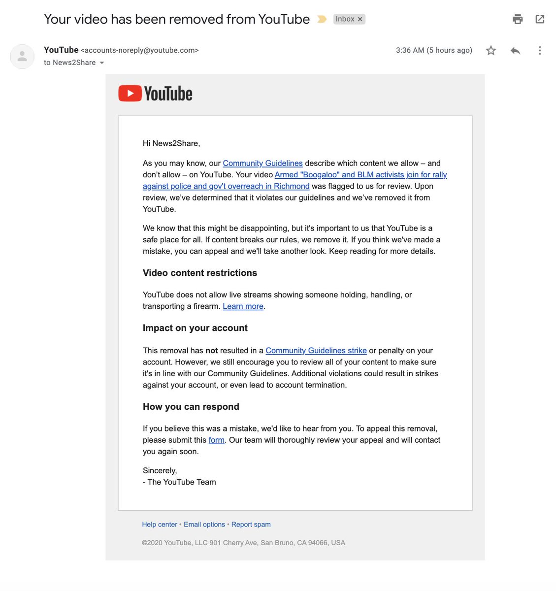 Hi again  @TeamYouTube. This appears to be a genuine glitch/error.Last night I uploaded my documentary news video of the unusual protest that occurred yesterday. It's a ten minute summary, not a livestream, but was removed for a policy on livestreams. I appealed. Please fix.
