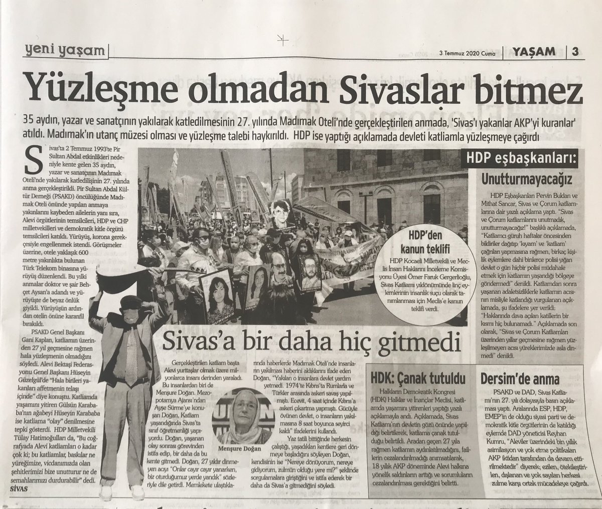 ismailsaymaz's tweet photo. HDP çizgisinde yayın yapan Yeni Yaşam gazetesi, iki gün önce Sivas katliamının yıldönümünde ‘Yüzleşme olmadan Sivaslar bitmez’ diye başlık attı.
Aynı Yeni Yaşam, bugün Başbağlar’ın yıldönümünde katliamdan tek bir satır bile söz etmedi.
Buyurun, yüzleşelim. https://t.co/BOxeZPZRfN