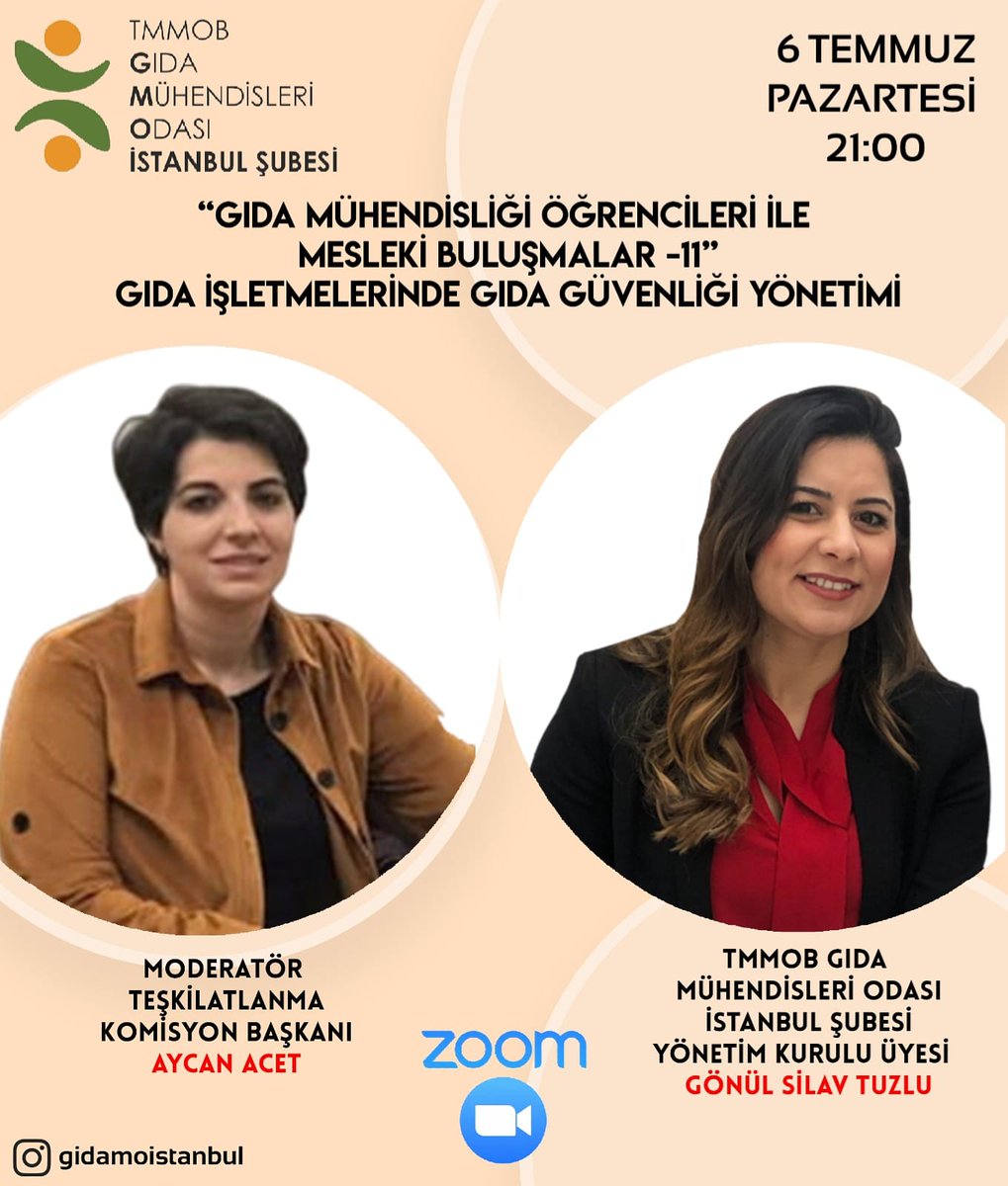 6 Temmuz Pazartesi saat 21:00 da ZOOM canlı yayında Gıda Yüksek Mühendisi Sayın Gönül SİLAV TUZLU ile “Gıda İşletmelerinde Gıda Güvenliği Yönetimi" konusunu değerlendireceğiz.
Zoom Link

us02web.zoom.us/j/81027682131?…
Meeting ID: 810 2768 2131
Password: 442663

<a href="/gonulslv/">Gönül Silav Tuzlu</a> <a href="/aycanacet/">aycanacet</a>