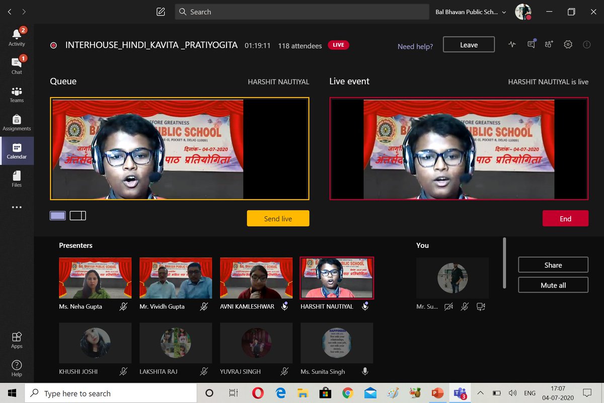 Sum_Deewan's tweet photo. Bal Bhavan Public School has conducted Interhouse Hindi poem recitation competition LIVE on microsoft TEAMS.#BBPSMV
#ProducingliveEvent
#MicrosoftTeams
@BBPSMV @MicrosoftEDU @vividh87 @JuanaTech https://t.co/Gng9gStQ37