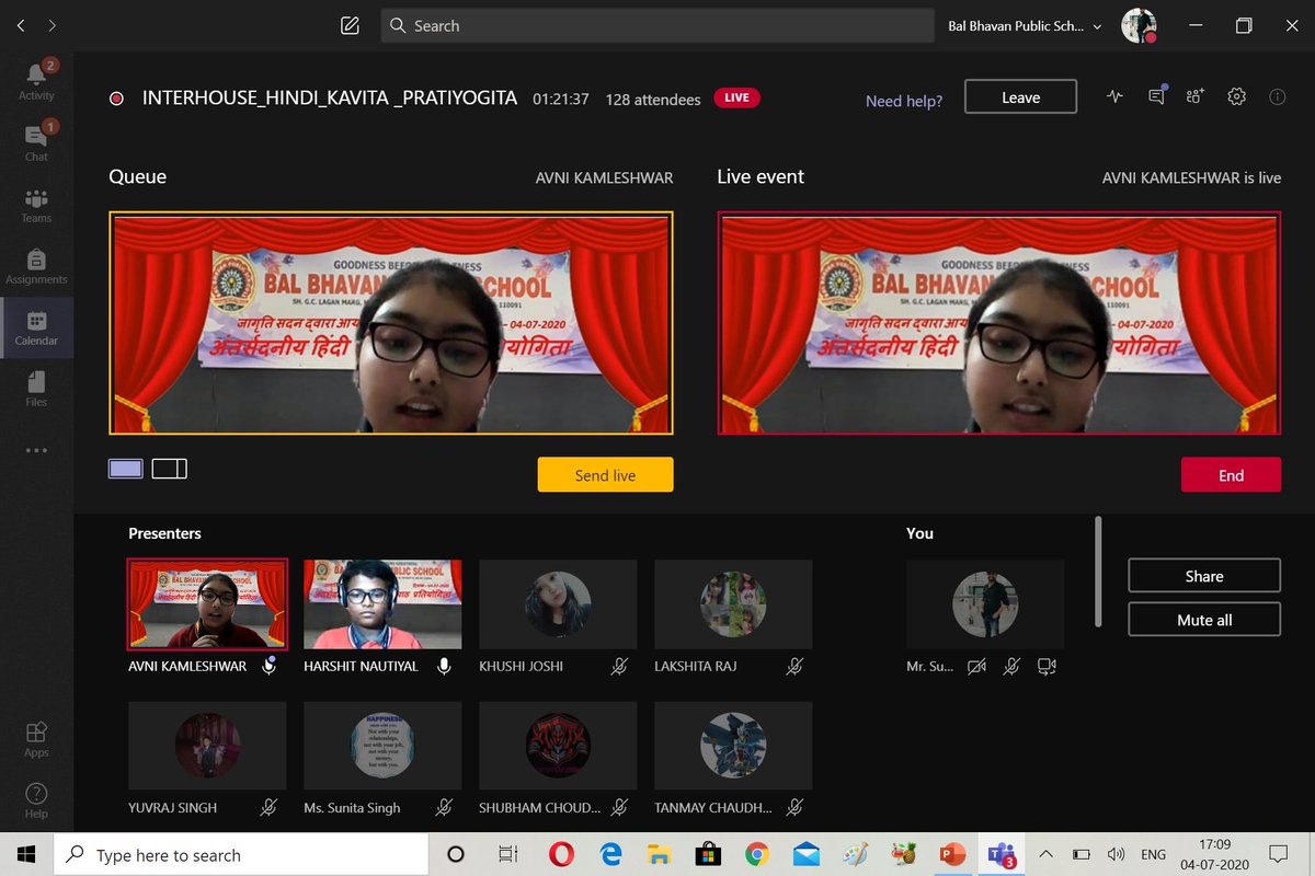 Bal Bhavan Public School has conducted Interhouse Hindi poem recitation competition LIVE on microsoft TEAMS.#BBPSMV
#ProducingliveEvent
#MicrosoftTeams
<a href="/BBPSMV/">Bal Bhavan Public School</a> <a href="/MicrosoftEDU/">Microsoft Education</a> <a href="/vividh87/">Vividh Gupta</a> <a href="/JuanaTech/">Juana Technologies</a>