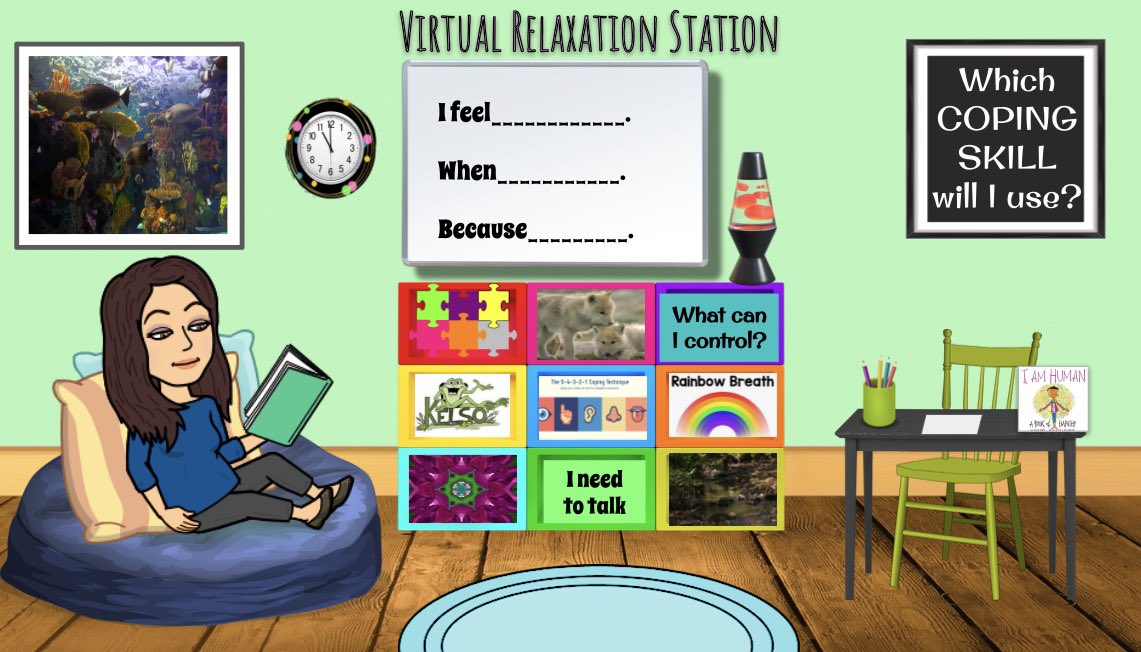 Continuing to prepare for the new school year. Coping skills and relaxation strategies will be available to all students with a simple click. Every part of this space has an interactive component! #selfregulate #copingskills @NISD @NISDLewis @NCANorthside @NISDCounseling