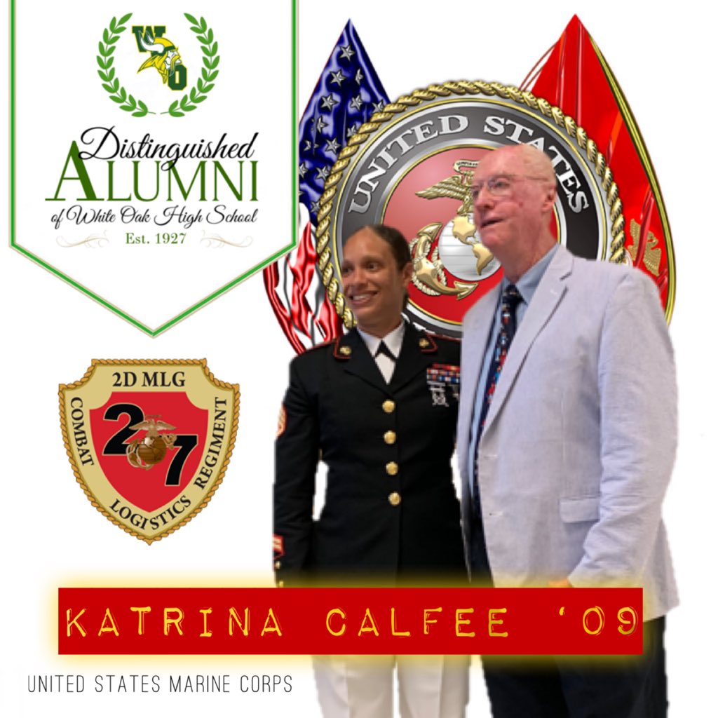 WOHS_Alumni's tweet photo. We continue to honor a few of those Vikings who have dedicated themselves to DUTY, HONOR &amp; COUNTRY.   Katrina Calfee (WO ‘09) honorably serves with Combat Logistics Regiment 27 (seen here with proud former principal, Paul Wiggins).
#SemperFi ❤️💛
#StillRowing 🛶
#July4th2020 🇺🇸 https://t.co/FKaFPDWn3M