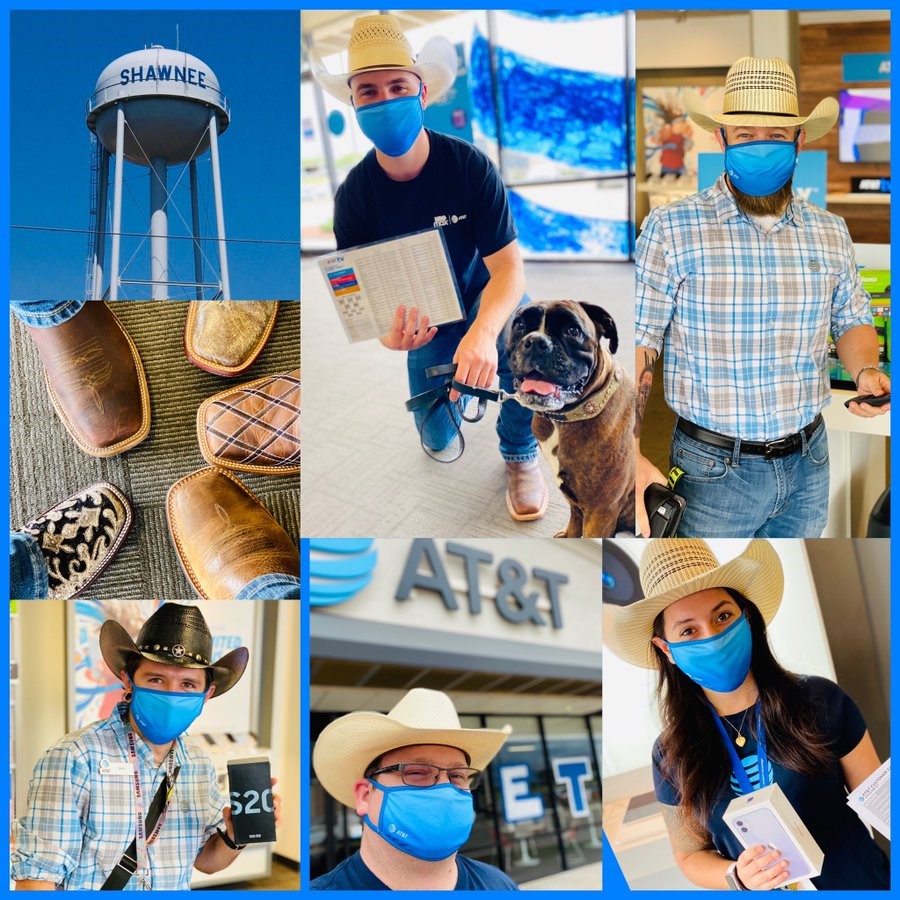 ATT's tweet photo. Howdy to the Shawnee retail store!🤠 In their words, “we’re proud of that name up on that water tower, proud of the red dirt on the bottom of these boots. We’re just blue globe shirt wearin’ people. Come by the Shawnee store and see where country comes from!”  #LifeAtATT https://t.co/GZbIpWsb4N