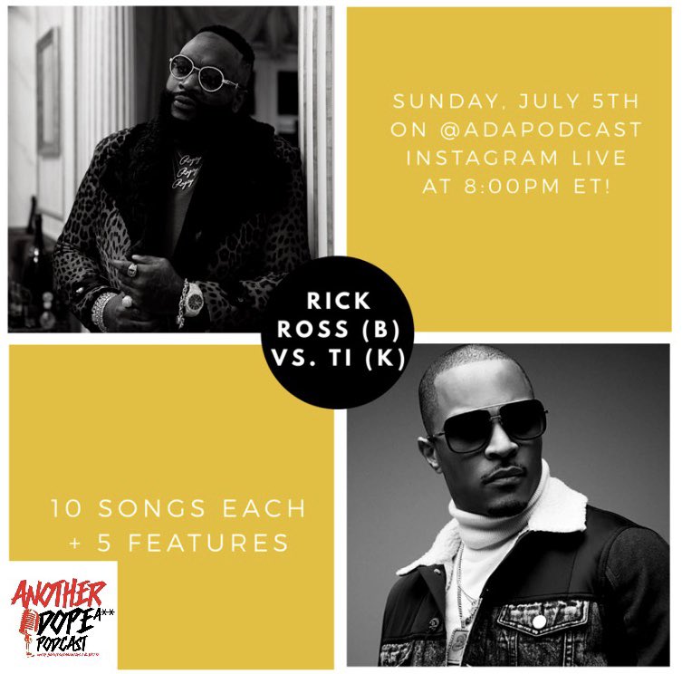 _ADAPodcast's tweet photo. “Slap For Slap W/ ADAP” (Pt. 13) 🚨: Rick Ross (@SilkSmooth) vs. TI (@why_vet_ah) TODAY, July 5th at 8:00pm EST, on OUR IG Live. 🗣🔥 #ADAPodcast #SlapForSlapWithADAP #SlapForSlap @RickRoss @Tip #rickross #ti (WE DO NOT OWN RIGHTS TO MUSIC‼️ Just having a Good Time) https://t.co/vKTBYSbITX