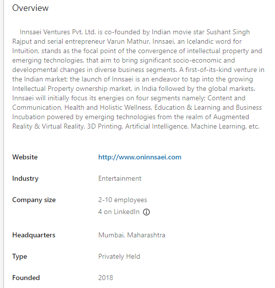  #Exclusive #SushanthSinghRajputThere are 3 partner of Innsaei Venture1) Sushant2) Varun Mathur3) Saurabh MishraBut Linkedin page shows only 2 partner #ShushantSinghRajput #CBIMustForSushant #cbiforsushant #CBIEnquiryForSSR #CBIEnquiryForSushant #CBIInvestigationForSushant