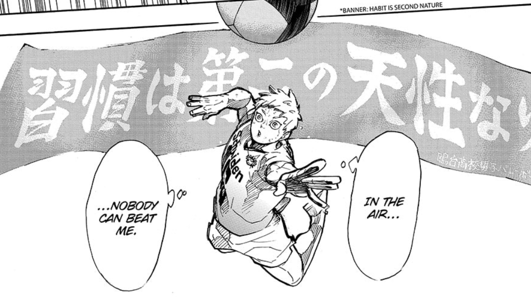 turns out: hoshiumi flying with the kamomedai banner behind him in 399 was actually a hint about what was to come in 400. this panel signified the closing of his arc; like the banner suggests, the habit of conquering midair battles has long become second nature to him.