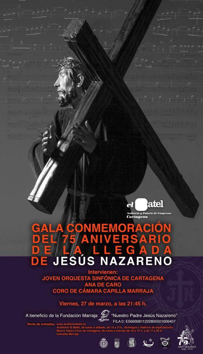 🎼 Gala Conmemoración del 75 Aniversario de la llegada de Jesús Nazareno
🗓 Sábado 19 de Diciembre
🕤 21:45
🎭 Auditorio El Batel, Cartagena
🎺 <a href="/NazarenoCT/">Jesús Nazareno (Cartagena)</a> 
<a href="/OrquestaJOSCT/">JOSCartagena</a> 
Ana De Caro