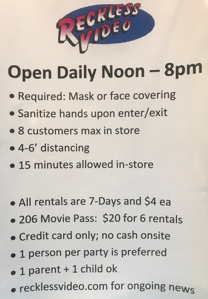 RecklessVideo's tweet image. We are excited to announce the reopening of Reckless Video! We are taking every precaution to be sure our customers and staff are safe. New guidelines are subject to change. We look forward to seeing you soon. Get reckless tonight!