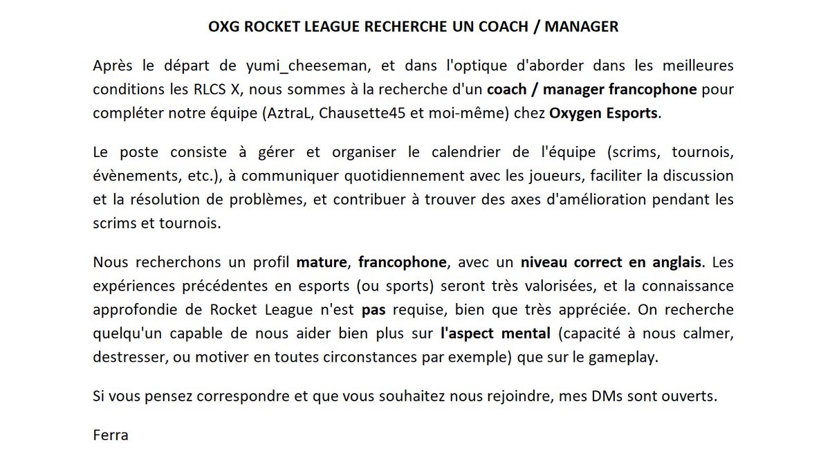 Ferra_RL's tweet image. On recherche un nouveau coach / manager, plus d&apos;infos sur l&apos;image 🔽

Retweets / partages appréciés!