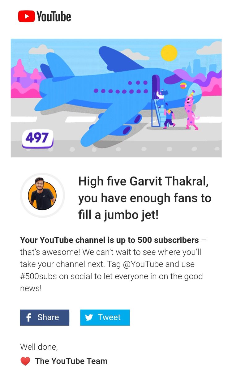 thakral_garvit's tweet photo. I finally hit #500sub on @YouTubeIndia
And they send me this thank you so much. https://t.co/NLHK6p7N54