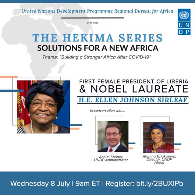 UNDPNigeria's tweet photo. 📢 Save the date for the second #HekimaSeries dialogue w/ Former Pres of #Liberia and Nobel Laureate H.E. @MaEllenSirleaf, our Chief @ASteiner and @UNDPAfrica's @ahunnaeziakonwa for conversations on building a strongerAfrica after #COVID19. 

Register ➡️ https://t.co/ljDDCsfHCT https://t.co/nxrAm0wKYF