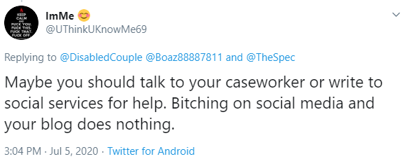 We got sadly another person who thinks #Disabled people should not complain on Social Media rather complain<a href="/tag/disabled"class="tags">#Disabled</a><a href="/tag/censorship"class="tags"><span>#censorship</span></a><a href="/tag/pwd"class="tags"><span>#pwd</span></a><a href="/tag/odsp"class="tags"><span>#odsp</span></a>