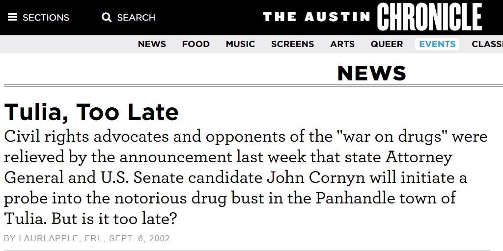 The  @AustinChronicle aptly distilled the moment with the headline “Tulia, Too Late.”