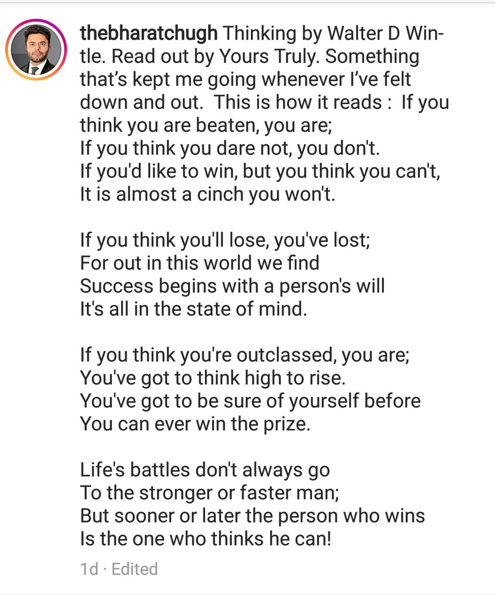 GeetGulzar1's tweet photo. I feel like i got the opportunity to share it, how Sir Bharat Chugh recitated it was fabulous. Thinking by Walter D Wintle. It is all ur state of mind which regulate u everytime either ur drms, ur goals, ur life #BharatChugh #Thinkingofmind https://t.co/RjvRPGF7YR