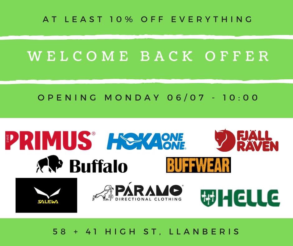 Excited to be opening back tomorrow, shops ready for staff and customers...at least 10% off everything in both our shops #llanberis #outdoor #cribgochoutdoor