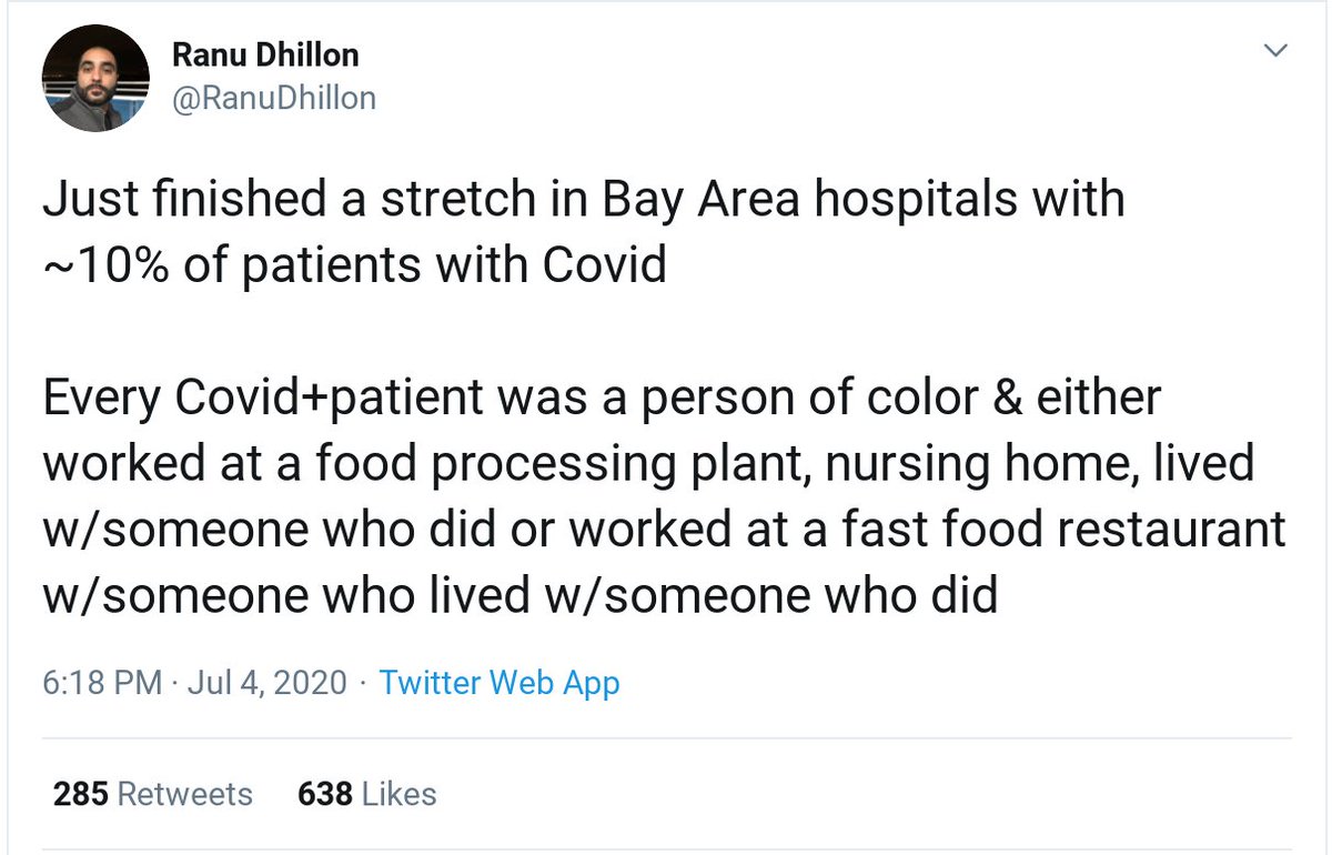 Doctor in CA says COVID patients are almost all people of color working in food plants, nursing homes or low-wage service jobs. What's the photo media uses to illustrate the crisis? A beach, where people are outdoors and spaced out. This is a form for misinformation.  @RanuDhillon