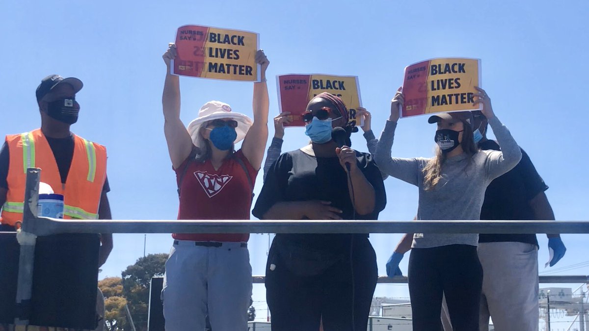 JuneteenthSPT's tweet photo. “As nurses we are out here fighting two pandemics: COVID-19 and the pandemic of systemic racism.” 

Mercy Mutua -of the California Nurses Association in solidarity with the ILWU

#BlackLivesMatter #StopPoliceTerror https://t.co/HsFz2YrkA2