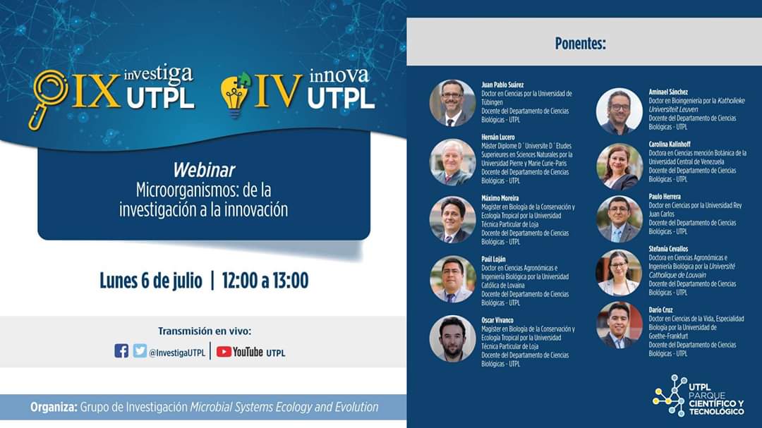 MaryG_0712's tweet photo. Mañana Lunes 6 de julio a las 12h00 Webinar "Microorganismos: de la investigación a la innovación" grupo de investigación #MS2E #InvestigaInnovaUTPL
@utpl @InvestigaUtpl @JP_SuarezChacon @djcruz_s @ckalinhoff @scevalloss @aminaelsanchez @pauloignaciohv https://t.co/CVWlZzhSqX