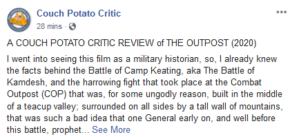 PopCulMinefield's tweet photo. 🚨Read My New Couch Potato Critic Review of The Outpost (2020)🚨 Read it HERE 👉https://t.co/7UbJAxBlzI
"I always check the Couch Potato Critic before going to see a flick." Lawrence Blankenship
@heavyspoilers @AndreEinherjar @ThomasConnorsJr @RobotShlomo https://t.co/siWnu9ZANc