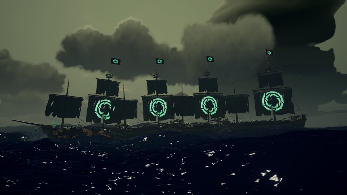 B3DECKER's tweet photo. @SeaOfThieves @Capt_Ballzonia @SeaOfThievs #SoTShot "OoOo" - Ancient ghost proverb.
Assembled a ghost fleet to take on Flameheart, even Karen wanted to help with the water! https://t.co/7lFcU8jOBW