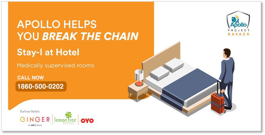 HospitalsApollo's tweet photo. With round the clock medical consultation and hygiene services, the Stay-i at Hotel are your perfect isolation destination to fight coronavirus.

#Covid19 #ProjectKavach #ApolloHospitals #indiafightscorona

For more information visit https://t.co/Km0YITLSjx or call 1860-500-0202 https://t.co/JbooVpzcQG