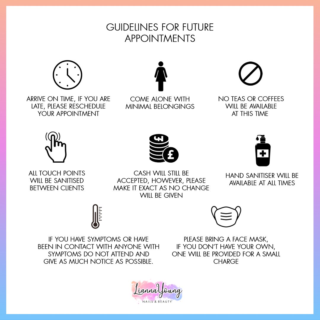 COVID-19 Guidelines !!

I will also post a written copy nearer the time of reopening with more in depth information however please take the time to take note of these in the meantime. 

Thank you for your co-operation ❤️