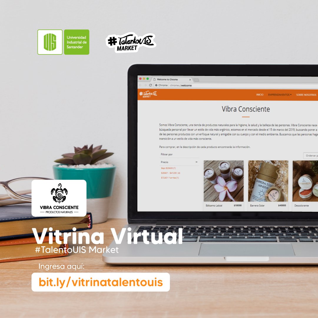 UISCultural's tweet image. Aprovecha tu domingo para visitar la #VitrinaVirtual de #TalentoUIS Market. En Vibra Consciente, por ejemplo, podrás comprar productos naturales para la higiene, la salud y la belleza; productos amigables con el medio ambiente. 

Clic aquí: bit.ly/vitrinatalento… 

@EmprenderUIS