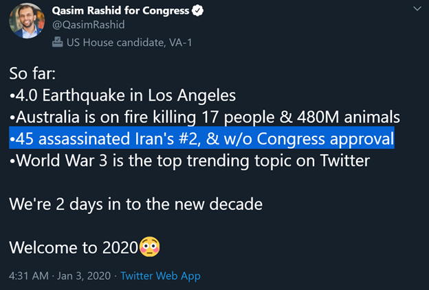 2)Rashid has been very vocal of U.S. President Donald Trump’s decision to kill Qasem Soleimani, the world’s number one terrorist, on January 3.