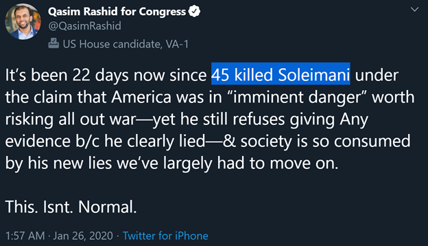 2)Rashid has been very vocal of U.S. President Donald Trump’s decision to kill Qasem Soleimani, the world’s number one terrorist, on January 3.