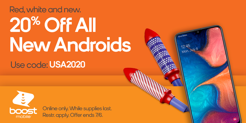 boostmobile's tweet image. This deal is poppin’ 💥! Take an extra 20% off all phones when you use promo code USA2020. Online-only offer. Restr. apply. Offer ends 7/6. boost.co/2AsXgaM