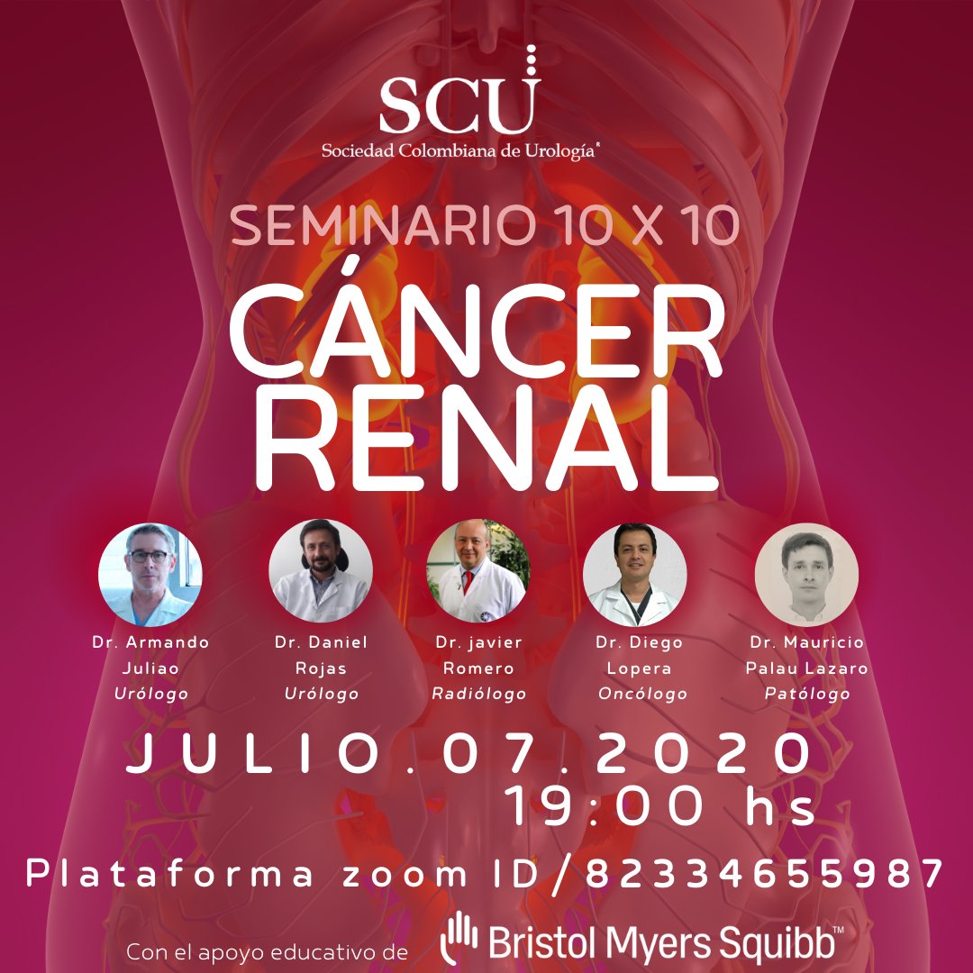 SCUColombia's tweet photo. ¡Fecha: Julio 7
Hora : 7:00 Pm hrs. Col.

#SCU20 #AcademiaSCU #Urology #KidneyCancer 

Ingrese al seminario directamente en https://t.co/rSxFW2ZOvd

Si la sala de Zoom está llena, puede seguir la transmisión por nuestro canal youtube SCUColombia https://t.co/GuZXwvLEKb