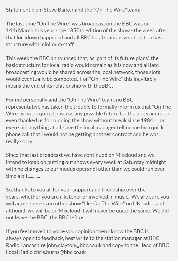otwradioarchive's tweet image. Statement from Steve Barker and the On the Wire team: