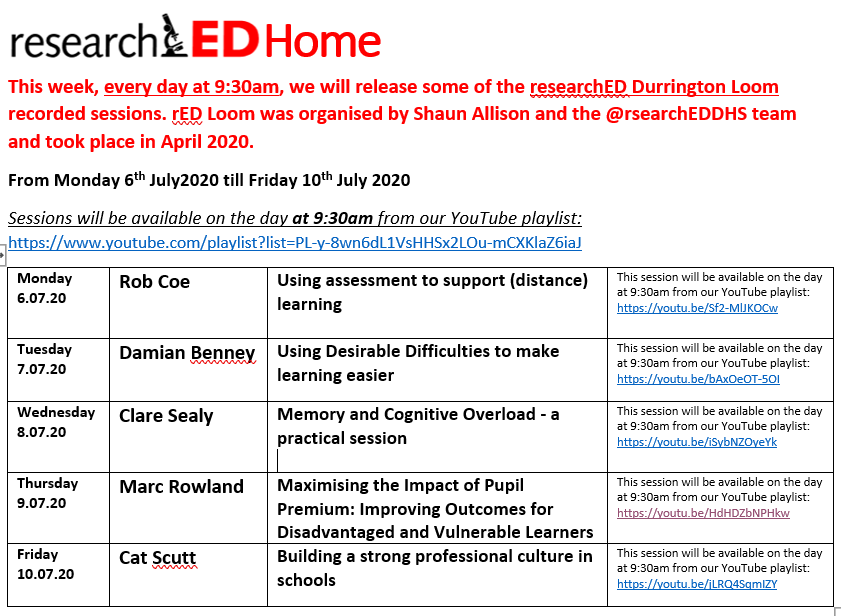 researchEdhome's tweet photo. Everyday next week, at 9:30am, another #rEDDurringtonLoom session will be released! Have a look at the fantastic sessions next week:
https://t.co/xqOG3ENChf

@ProfCoe @Benneypenyrheol @ClareSealy @marcrowland73 @CatScutt https://t.co/cdEtwmrMBK