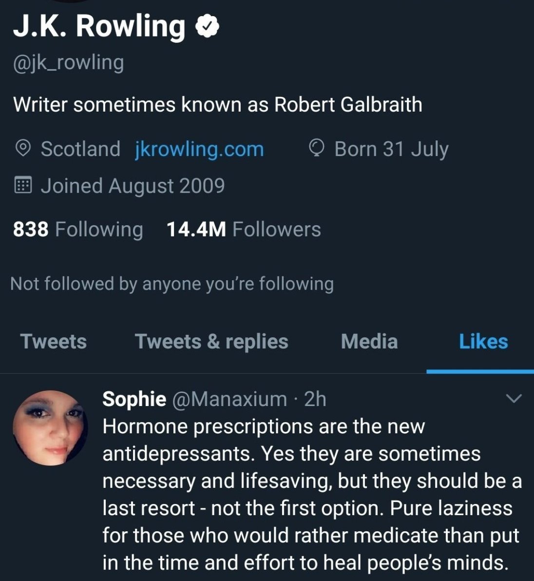 7/35 - Now onto the thread that followed.To give Rowling *maximum* benefit of the doubt (which she does not deserve) the tweet she liked here *could* be interpreted as calling the *doctors* "lazy" for leaping to medication when other options are better suited.