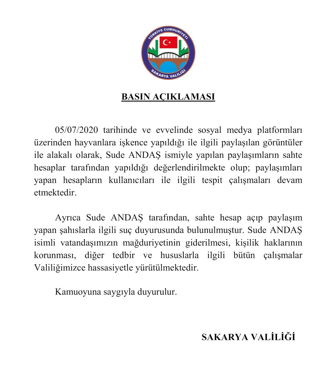 SakaryaValiligi's tweet photo. Sosyal medya platformları üzerinden hayvanlara işkence yapıldığı iddialarına dair paylaşılan görüntülere ilişkin basın açıklaması… https://t.co/b7iILZ83Kd