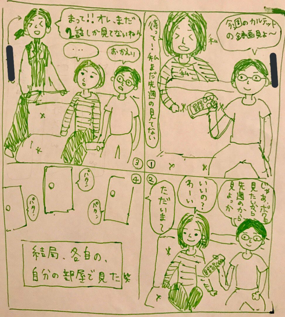 シェアハウス(5人で一軒家)に住んでたときに作った4コマ漫画が出てきた。まさにチラシの裏に描いてたマンガだけど、、楽しかった生活が蘇ってきて良いなぁ☺️
#コルクラボマンガ専科 