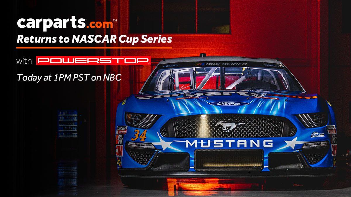 CarPartscom's tweet photo. From the garage to the track, the #34 @CarPartscom and @PowerStopBrakes Mustang is ready to take on the #Brickyard400 today! Get ready to tune into NBC at 1PM PST. #34CarPartscom #DontJustStop #PowerStop #NASCAR #FordMustang https://t.co/GBOXtszsFi