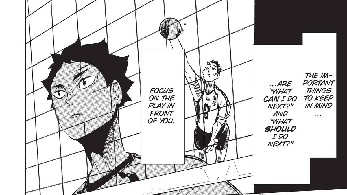 to pour all that you have into each ball is to focus only on the play in front of you—that's task focus, and that's exactly what bokuto has learned to apply. he looked past the point he lost and charged ahead, dealt with what the cards he had and outsmarted his opponents.
