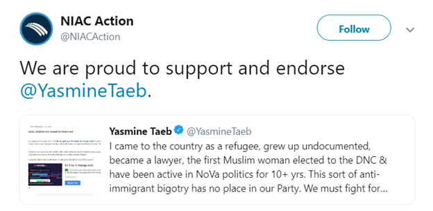 10)Rashid is also quite fond of  @YasmineTaeb.Who is Yasmine Taeb?  @NIACouncil, the known & disgraced lobby firm of Iran's regime in DC, supported & endorsed Taeb, a "former NIAC Congressional fellow," in her run for the Virginia Senate.Taeb is also quite fond of  @JZarif.