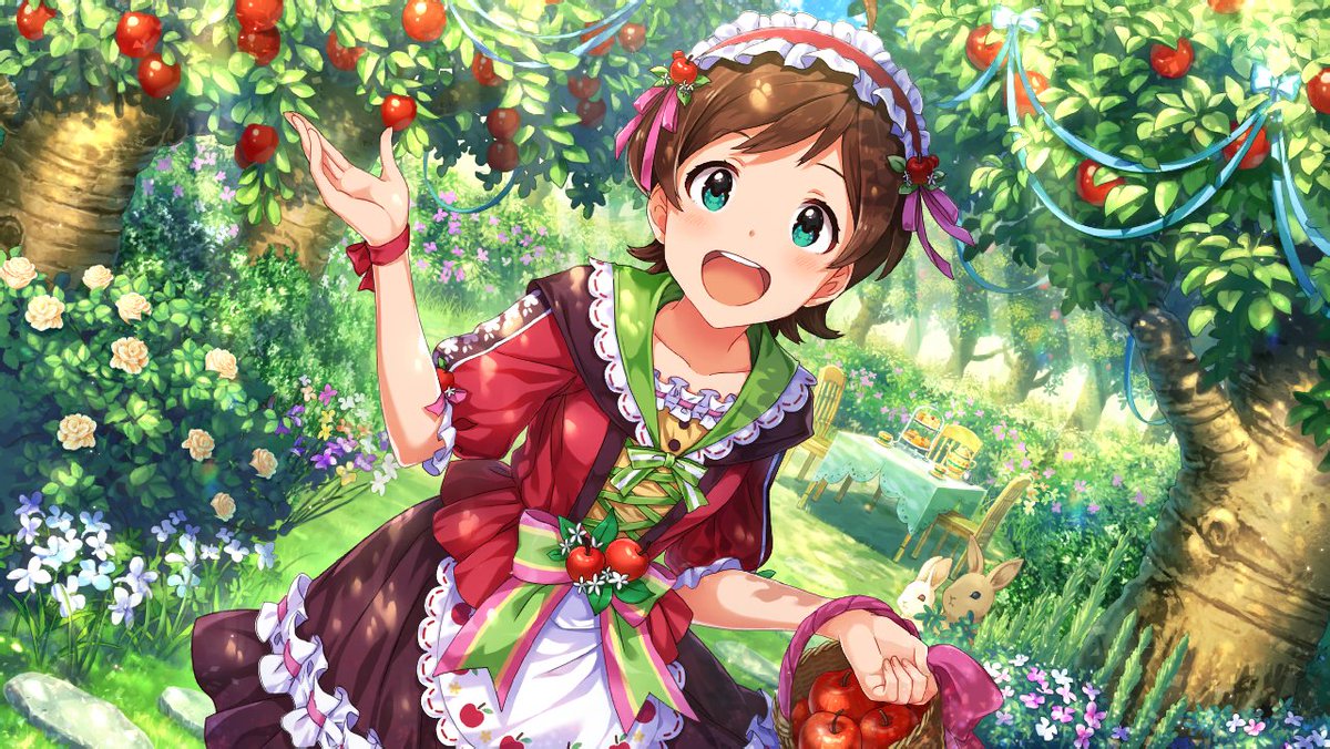 Hinata KinoshitaAge: 14Mirishita Card Type: AngelImage Color: Red> originally from Hokkaido, speaks in a strong northern dialect> very innocent and trusting of others> loves gardening and is often associated with apples> VA: Nao Tamura (Den-chan/TamuTamu)