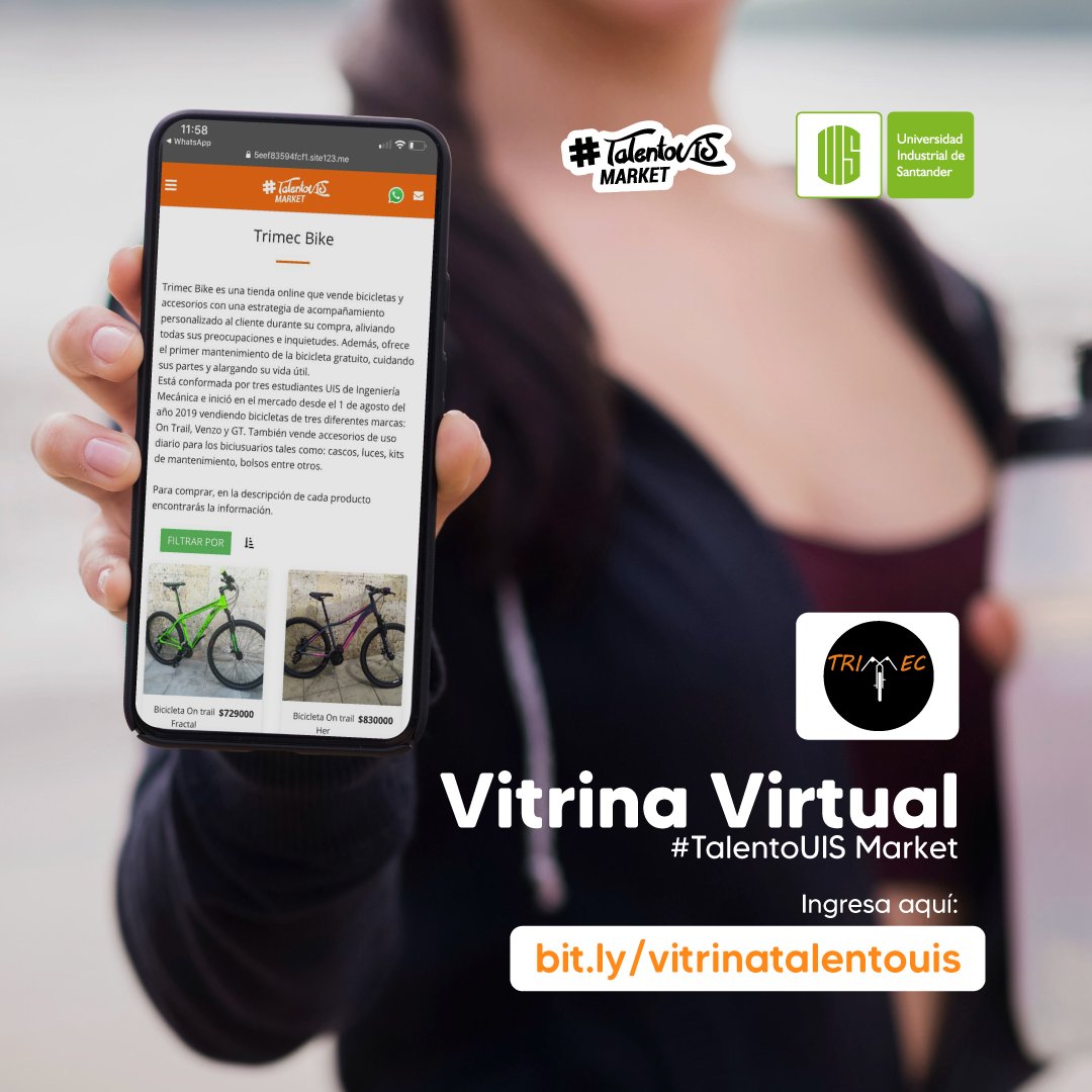 UISCultural's tweet image. Aprovecha tu domingo para visitar la #VitrinaVirtual de #TalentoUIS Market. En Trimec Bike, por ejemplo, podrás comprar bicicletas y accesorios con una estrategia de acompañamiento personalizado al cliente.

Clic aquí: bit.ly/vitrinatalento…

@UIS @EmprenderUIS
