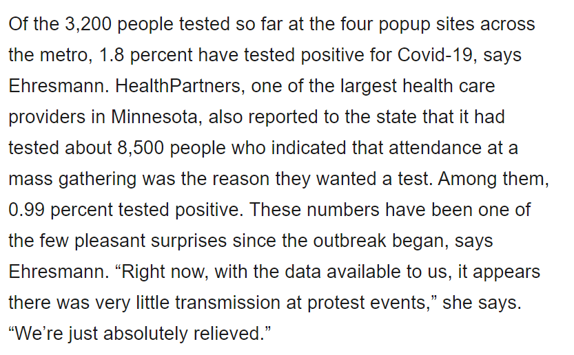 And this is borne out by targeted testing of protesters, which in MN showed they tested + at lower rates than the general population. Other cities similar.  https://www.wired.com/story/what-minnesotas-protests-are-revealing-about-covid-19-spread/