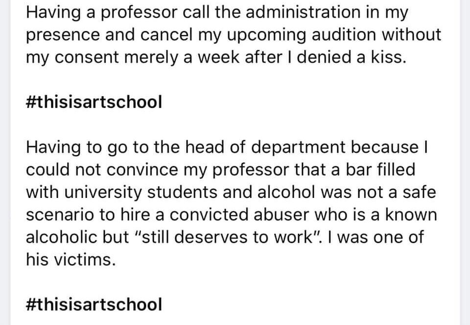 Art institutions or vehicule of abuse?

These stories are heartbreaking.

There are about 100 that we collected. 👇🏿👇🏿👇🏿

bit.ly/2VIwjr1

bit.ly/3gqSABw

#thisisartschool

<a href="/CBCToronto/">CBC Toronto</a> <a href="/CP24/">CP24</a> <a href="/City_tv/">Citytv+</a> 
<a href="/globalnewsto/">Global News Toronto</a> <a href="/globalnews/">Globalnews.ca</a> <a href="/blogTO/">blogTO</a> <a href="/CBCMontreal/">CBC Montreal</a> <a href="/cbc/">CBC</a>