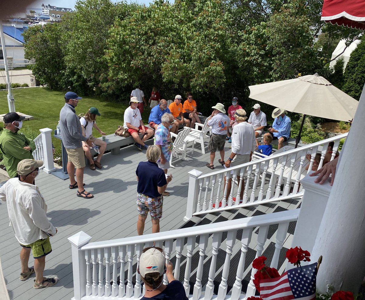 DocZamboni's tweet photo. Skippers &amp; Crew meeting for today’s sail around Mackinac Island !! @PinkPonyMI #sailmackinac #sailing #hopingforwind #mackinacisland #pinkpony #mackinacis https://t.co/IG1BIuUG3H