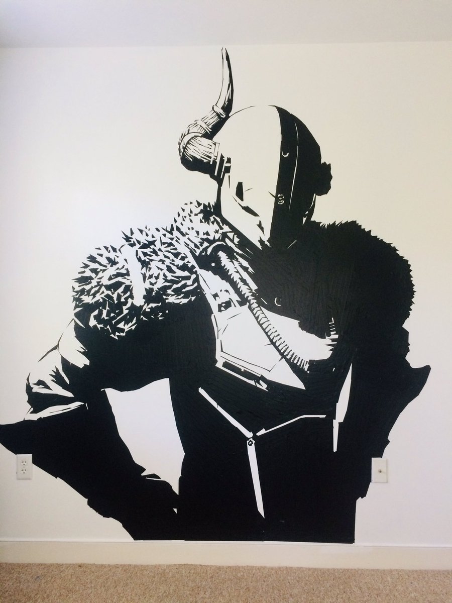 Artful_5's tweet photo. Shaxx wall art complete! Just over three hours and two rolls of tape. https://t.co/dtAdEILoZi