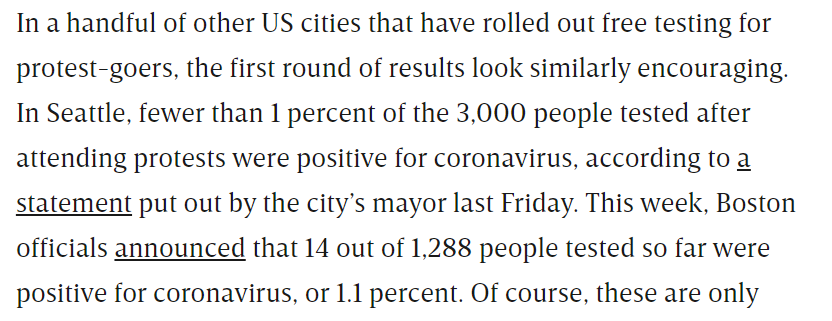 And this is borne out by targeted testing of protesters, which in MN showed they tested + at lower rates than the general population. Other cities similar.  https://www.wired.com/story/what-minnesotas-protests-are-revealing-about-covid-19-spread/