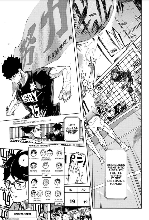 and now in ch. 400, we see the rest of the monster generation with their respective high school banners behind them, marking the conclusion of their arcs as well.first up, sakusa and itachiyama's banner, "effort."