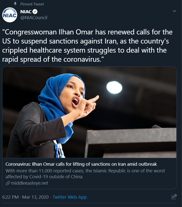 12)Rashid is also fond of  @IlhanMN after her “some people did something” remarks about 9/11.But don’t be surprised at all. Omar has the support of Iran’s lobby group NIAC.And Omar herself is very eager to tweet Iran’s talking points about sanctions.